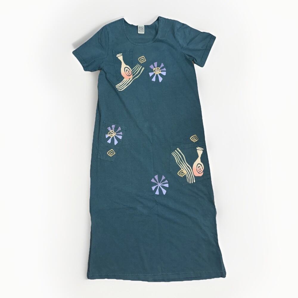 Vintage Viva City Turquoise Maxi Dress Gardening Embroidered Floral Medium